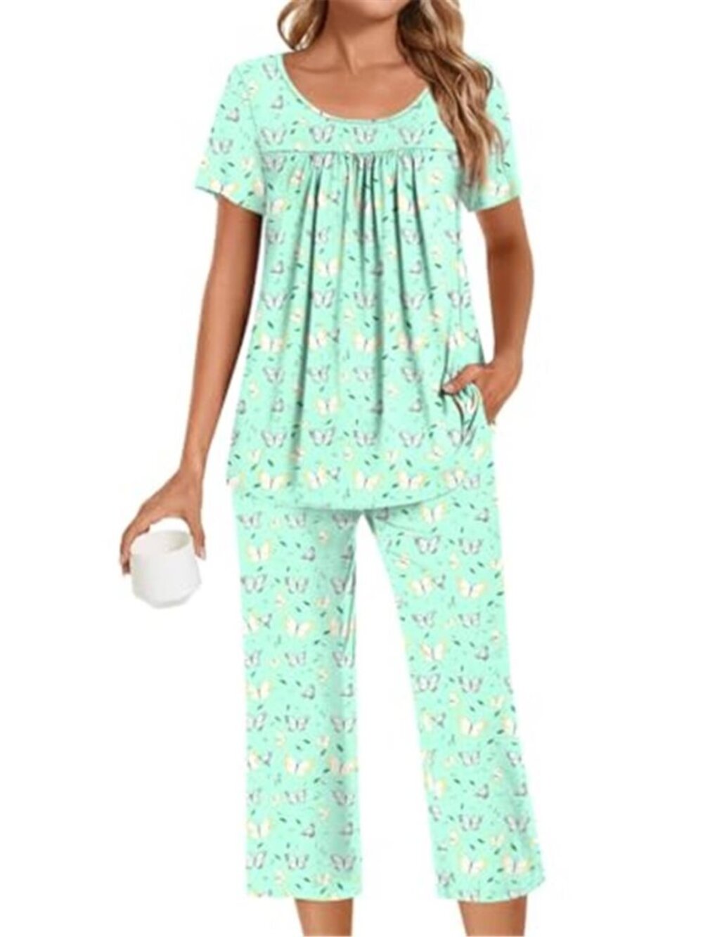 POPYOUNG Mint Butterfly Pajama Set Short Sleeve Top Capri Lounge Set